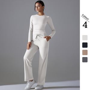 ชุดโยคะแขนยาวไนลอนสองด้านสีทึบกางเกงกีฬาขากว้างเอวสูงสำหรับวิ่งออกกำลังกาย - Product Image 3