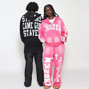 Huili nặng bông hai mảnh Bộ đồ thể thao tùy chỉnh thêu người đàn ông sunfaded rửa Rhinestone Hoodie và sewatpants Bộ - Product Image 1