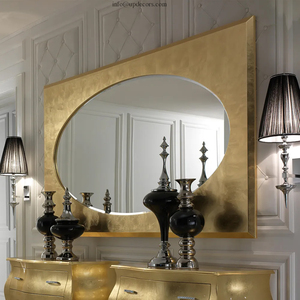 Grand miroir mural rectangulaire en bois doré antique, style italien moderne, avec feuilles d'or - Product Image 1