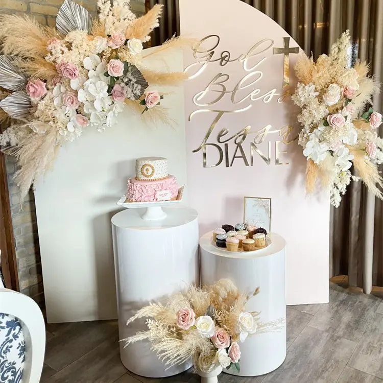 Fornecedor de casamento decoração adereços festa de aniversário sobremesa suporte conjunto de exibição personalizado branco ferro cilindro sobremesa mesa