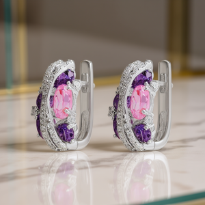 Orecchini a Cerchio E2049 Viola con Pietre Rosa e Viola Taglio Ovale, Montatura a Griffe in Lega di Zinco, Gioielli Romantici da Donna per Feste - Product Image 2