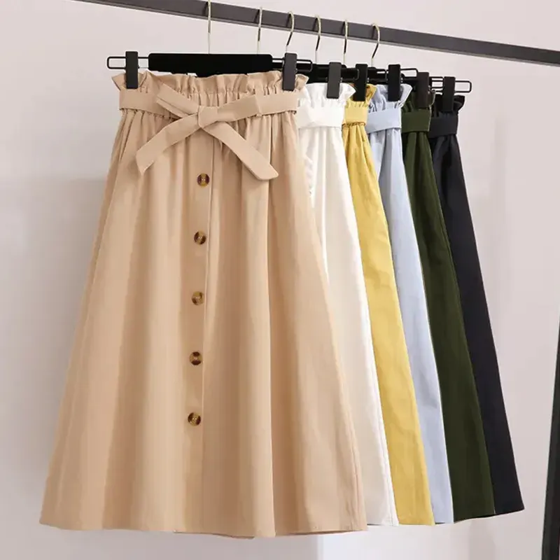 Summer Autumn Cotton Skirts Women Midi Knee Length Korean Elegant Button High Waist Skirt Female Pleated School Skirt