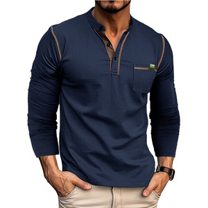 WPK Otoño Invierno colección Europeo Americano hombres Henry camisa manga larga Color a juego T-chaqueta patrón sólido de punto - Product Image 2