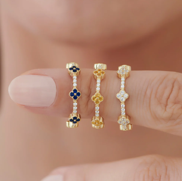 Custom 925 Sterling Silver 14K Gold Plated Gemstone Clover Eternity Ring Wholesale High Quality Women Brand Jewelry Luxury