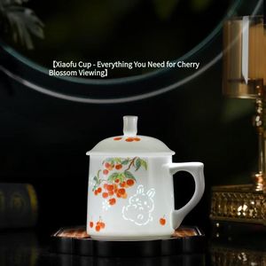 Taza de Cerámica Jingdezhen con Tapa - Diseño Pintado a Mano de Caqui y Gato, Taza Estética para Uso Personal y Regalo - Product Image 2