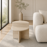 Table d'appoint à niveaux en travertin OEM Wabi-Sabi, mobilier durable, table basse pour projet hôtelier, table à thé double couche en pierre naturelle