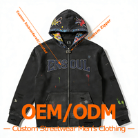 Sweat à capuche zippé pour homme, style streetwear personnalisé, effet vieilli, logo brodé, motif dessiné à la main, 100% coton, ODM, grammage lourd, effet délavé vintage