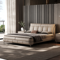 Lit de Luxe en Cuir Véritable Style Italien, Moderne, Carré, Capitonnage, Meuble de Chambre Parentale, Lit King Size Designer Rembourré