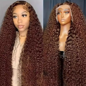 Parrucche Riccioline Ondulate Marroni Colorate con Effetto Acqua, Brasiliane Senza Colla per Lace Front, <span class=keywords><strong>Capelli</strong></span> Vergini con Baby Hair, Parrucca 13x4 Marrone Misto con Highlights - Product Image 1