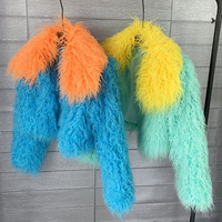 Veste tendance bicolore en vraie fourrure de mouton tibétain pour femme, bleu ciel et orange, manteau en fourrure de mouton de Mongolie bouclée, véritable fourrure de mouton brun.