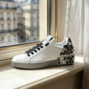 Luxury Rhinestone Logo Women White Leather Skate Sneakers Purple Heel Lace Up Flat Casual <b>Shoes</b> For Ladies Daily Street Dating - Product Image 1