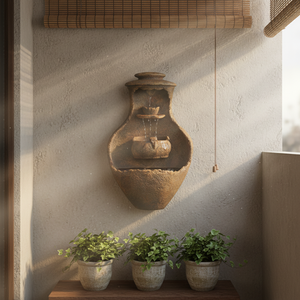 Fuente de Agua Decorativa de Pared Estilo Boho - Diseño Rústico de Jarrón de Cerámica con Cascada <span class=keywords><strong>para</strong></span> Ambientes Relajantes en Interiores/Exteriores - Product Image 1