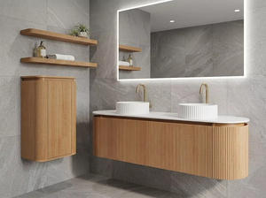 <span class=keywords><strong>Meuble</strong></span>-lavabo sur mesure <span class=keywords><strong>de</strong></span> 180 cm à cannelures avec deux vasques en céramique cannelées, armoire <span class=keywords><strong>de</strong></span> rangement <span class=keywords><strong>de</strong></span> <span class=keywords><strong>salle</strong></span> <span class=keywords><strong>de</strong></span> <span class=keywords><strong>bain</strong></span> flottante incurvée pour villa et hôtel - Product Image 2