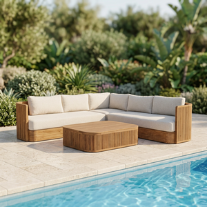 Solid Teak L Shaped Outdoor Sectional <b>Sofa</b> <b>Set</b> with Coffee Table Manufacturer Supplier Exporter Indonesia - Product Image 1