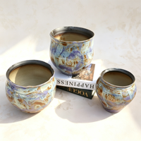 Vas Keramik Ungu Rustic Jossin, Pot Bunga Vintage Berlapis Kilap dengan Lubang