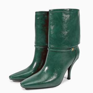 Women's Metal Buckles Short <b>Boots</b> Spike High-Heeled Pointed Toe Ankle Booties Turn Over on Shoes - Product Image 3