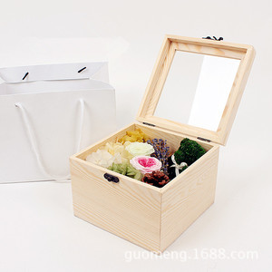 Wooden Flower Gift <b>Box</b> Square 20x20x10cm <b>Pine</b> Natural Color With Rose Arrangement For Decorative Storage - Product Image 2