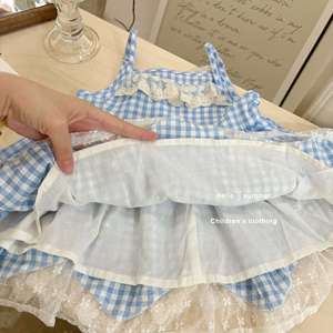 Tongxingyuan Girls' Plaid Dress With Lace Trim Summer Children's Clothing Blue Checkered Suspender Skirt Cotton Fabric - Product Image 4