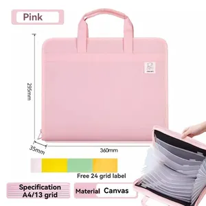 Deli 72561 Fabric Portable Organ Bag Pink 1 Student Book Folder Test Paper 13 Storage Bag Tutoring Bag Large Capacity