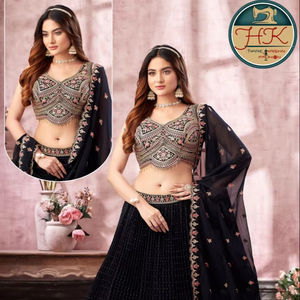 Lehenga Choli brodé noir pour femmes, tenue de fête de mariage indienne de créateur avec dupatta, tenue traditionnelle festive - Product Image 2