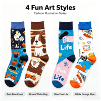 Chaussettes à motif de dessins animés amusants, chaussettes en coton colorées et tendance, logo personnalisé en gros et emballage en boîte cadeau