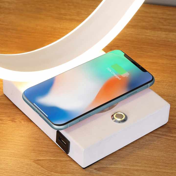14\" HMS White Metal LED Table Lamp with USB Wireless Charger Easy-to-Use and Stylish