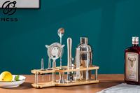 Kit de barman en acier inoxydable réutilisable de qualité supérieure, 10 pièces (fini naturel), ensemble d'outils de bar avec support en bambou pour cocktails à domicile