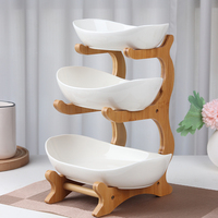 Ensemble de bols à fruits en céramique avec support en bois, 3 tailles différentes, bols à servir emboîtables, porte-collations, salades, bonbons, cuisine