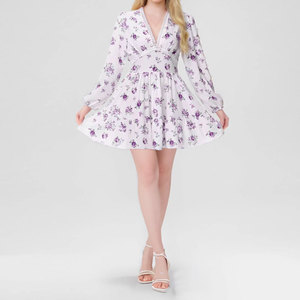 Mini robe à imprimé floral pour femmes Taille haute A-Line Summer Autumn Long Sleeve V Neck Dresses Vintage Beach Vacation Casual Vestidos - Product Image 4