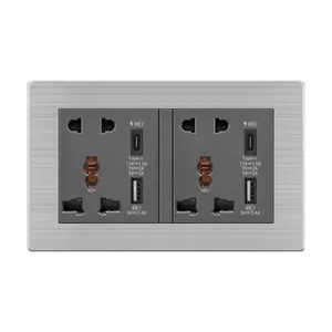LUFI EU Standard 146 stainless steel trim switch panel dual 13A 5-hole 10-eye multifunction with 2 usb type-c interface sockets