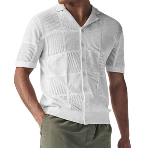 Men's Knitted <b>Cardigan</b> Hollow Polo Collar <b>Short</b> <b>Sleeve</b> Casual Top Acrylic Fiber Machine Washable Youth Wear White Black Blue - Product Image 1