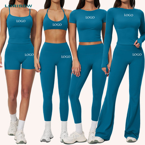 LORISOW Ensemble de yoga personnalisé en nylon élasthanne : Soutien-gorge de sport halter, débardeur de sport, crop top, pantalon de yoga, leggings évasés taille haute pour le fitness - Product Image 1