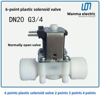 Vanne solénoïde en plastique à 6 points, filetage externe G3/4 DN20, normalement fermée, drainage à quatre points, tension universelle 220V 12V 24V