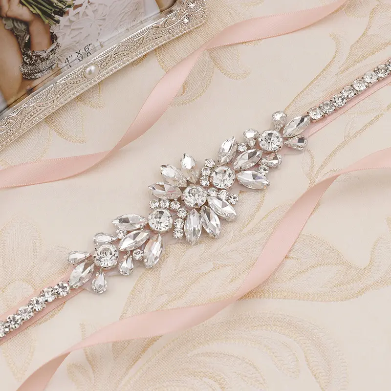 Bridal Diamond Thin Belt Sash Rhinestone Applique Satin Wedding Dress Belts