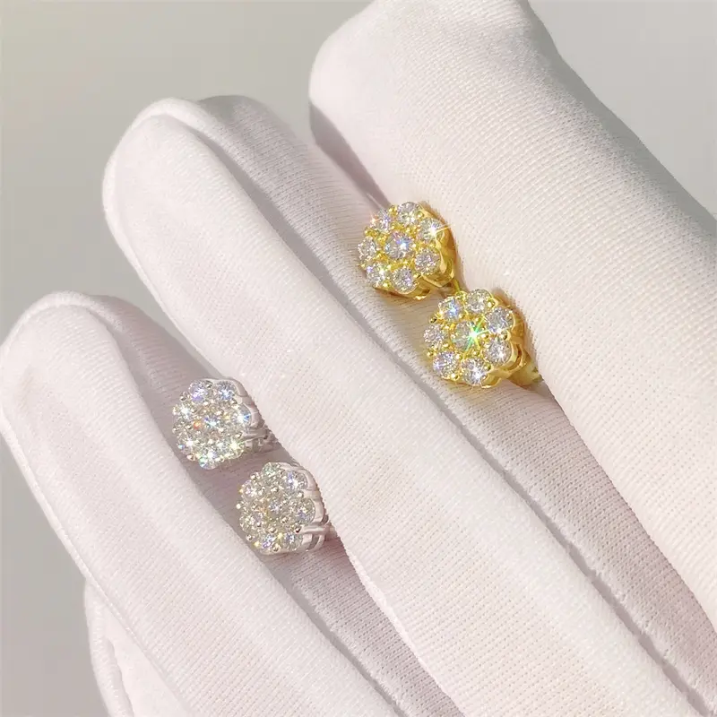 Perhiasan Mewah Hip Hop S925 Perak Murni Vermeil Moissanite Anting-Anting Es Keluar VVS Berlian Klub Anting-Anting Kancing