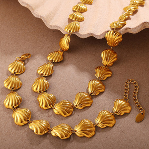 New Fashion 18K Gold Plated <b>Shell</b> Texture Jewelry Set Anti-fade Dainty <b>Bracelet</b> Necklace Stackable INS Style Versatile Women - Product Image 6