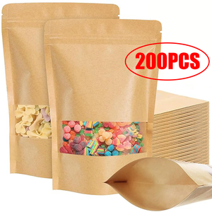 200 Sacchetti di Carta Marrone con Finestra 3,9*5,9 Pollici Buste Richiudibili <span class=keywords><strong>per</strong></span> Alimenti Sacchetti con Cerniera Riutilizzabili Buste Sigillabili in Mylar - Product Image 1