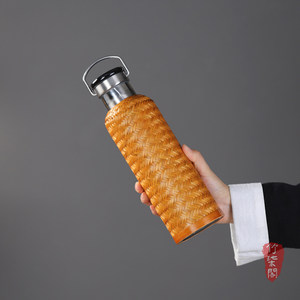 Bamboo Woven Insulated Water <b>Bottle</b> Stainless Steel <b>Thermos</b> Portable Outdoor Camping Hot Water Flask Straight Cup Screw Cap - Product Image 4
