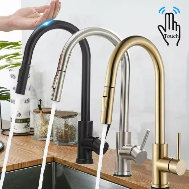 Modern Design Stainless Steel Smart Sensor Kitchen Faucets Touch Control Pull Out Kitchen Sink Taps Single Hole Installation