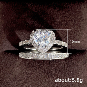 Set di Anelli a Due Pezzi con Cuore in Zirconia a Doppio Strato per Donne, Gioielli Eleganti e alla Moda - Product Image 5