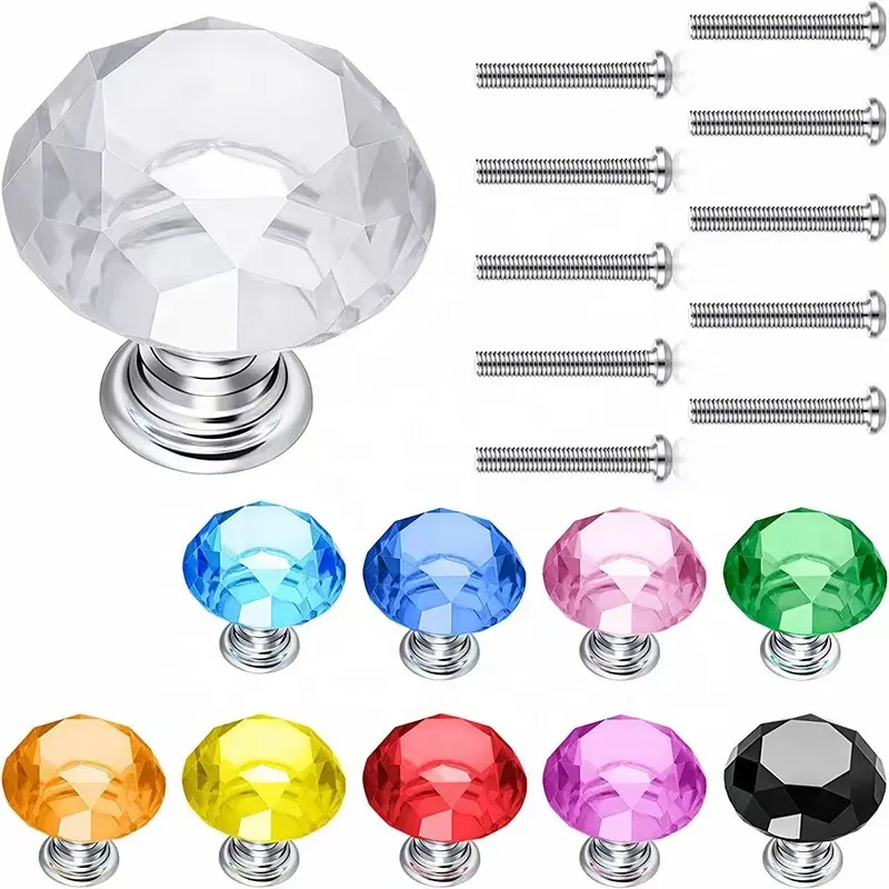 Decorative Crystal Clear Glass Diamond Shape Cupboard Cabinet Dresser Drawer Crystal Door Pull Knobs Handles for Furniture