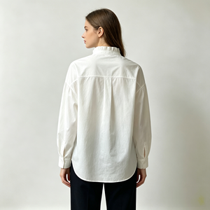 Chemisier blanc en popeline à col volanté, manches longues, épaules tombantes, boutonnage frontal, pour femme, style décontracté - Product Image 3
