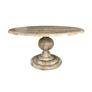 厂家批发法国实木橡木白色旧艺术创意圆形餐桌