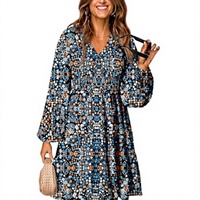Robe de mariée Dokotoo Printemps Femme Bohème Smocked Col V Manches Longues Lanterne Florale Décontractée Élégante Taille Empire Mini Babydoll