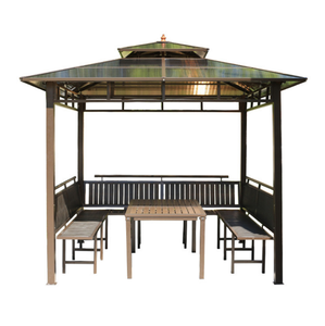 Gazebo en acier d'extérieur avec <span class=keywords><strong>auvent</strong></span> en <span class=keywords><strong>bois</strong></span>, toit en métal, toit rigide, taille personnalisable, montage facile, filet anti-rongeurs, bâtiments de jardin - Product Image 1