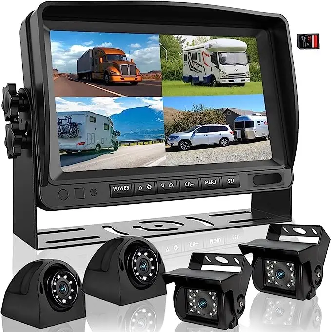 Camión DVR 4 CH Quad Grabadora de video digital Cámara de marcha atrás de respaldo 4 pines 7 pulgadas Monitor de visión trasera para autobús RV Remolque coche monitor de TV