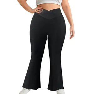 Women's Elegant Pants Solid Black Wrap Hem Flared Leg High Waist Stretchy Trousers Exercise Yoga Plus Size Gym Flare Pants
