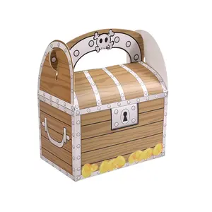 All Hallows' Day 7*11*7cm Square Pirate Treasure Chest Cartoon Paper Candy Chocolate Wood Grain Gold Packaging Paper Boxes