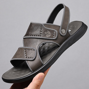Men's Summer Leather <b>Sandals</b> Flat Breathable Outdoor Black And Gray Rear Pull Belt 2305 - Product Image 1