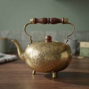 Bouilloire à thé vintage en laiton avec poignée en bois et motif floral gravé - Product Image 2